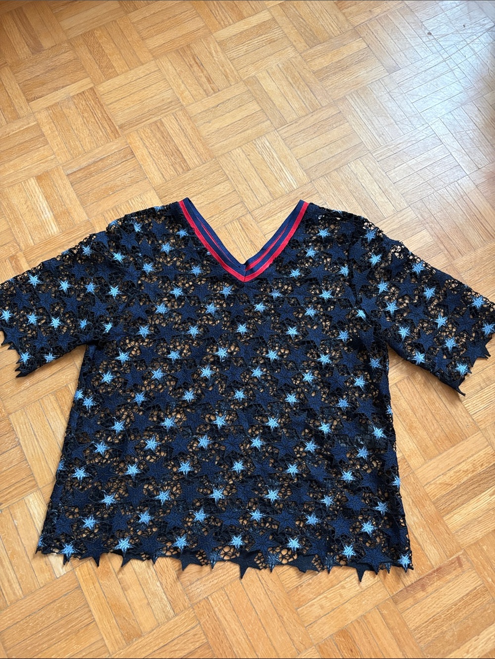 Sandro Black Star Lace V-Neck Women's Top with Blue Accents